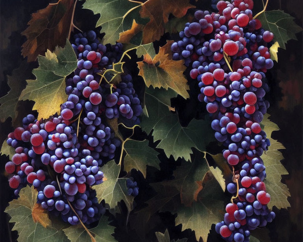 Ripe purple and red grapes on vine with green leaves against dark background