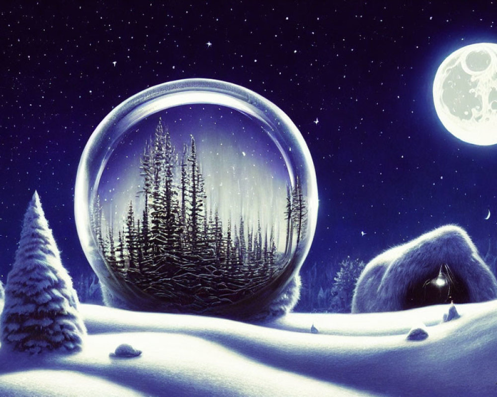 Snowy Night Landscape with Full Moon and Transparent Sphere Encasing Pine Forest