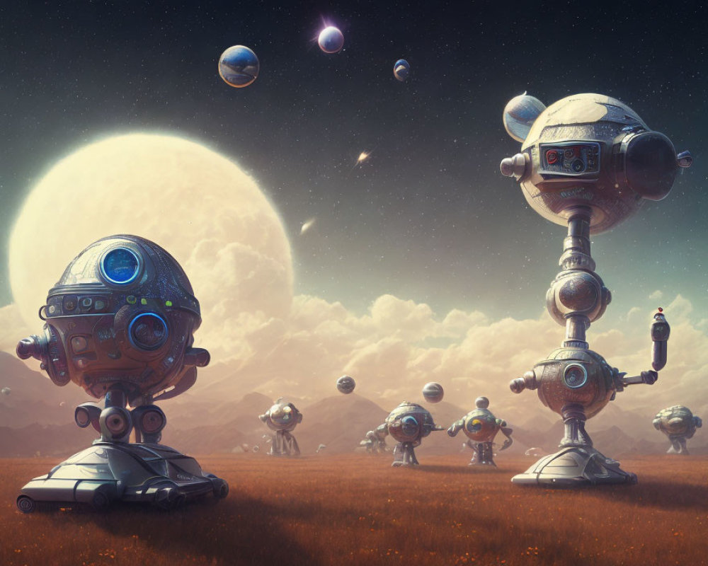 Surreal Sci-Fi Landscape with Robots, Hovering Cars, and Multiple Moons