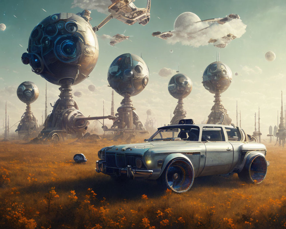 Classic Car on Alien Planet with Spherical Structures and Ships