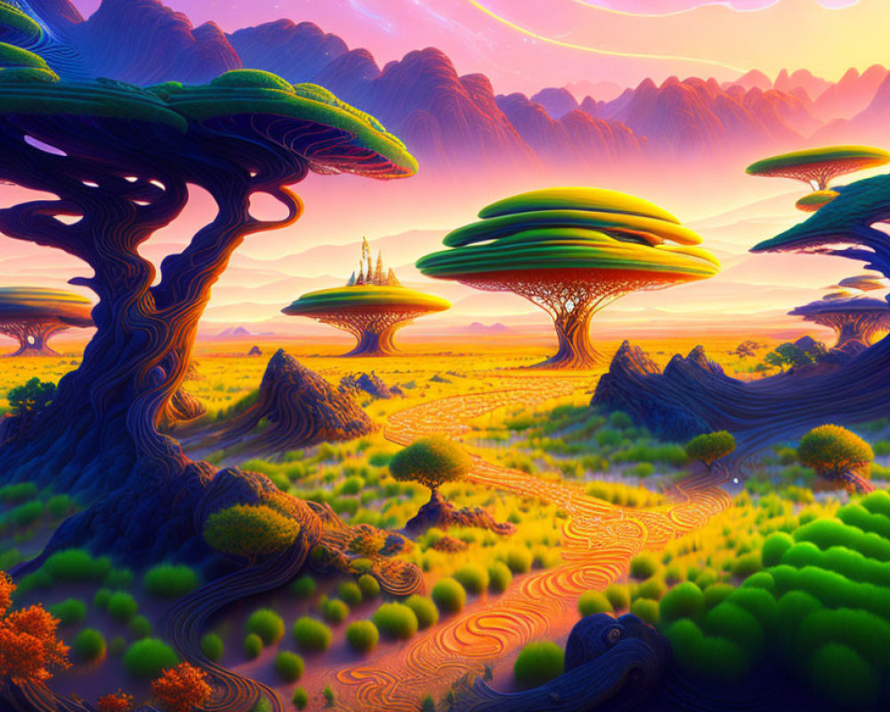 Colorful surreal landscape with twisted trees and sand formations at sunset