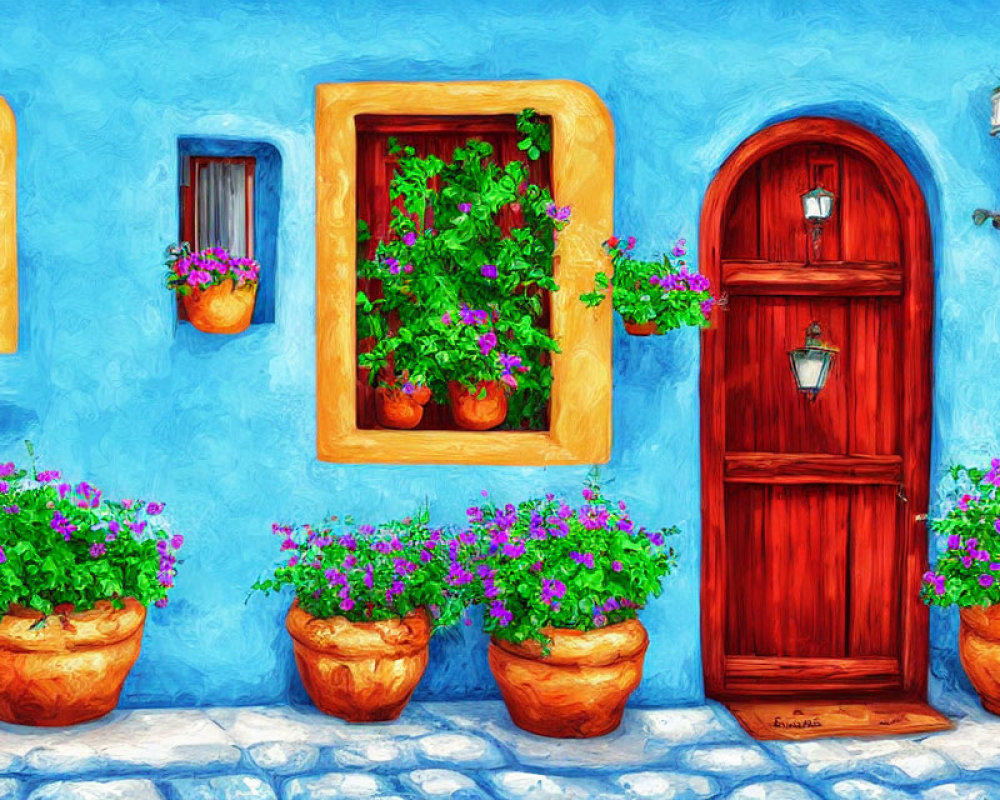 Colorful painting of blue wall, wooden door, windows, and blooming flowers