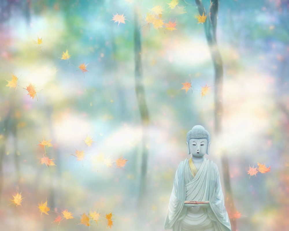 Buddha statue in meditative pose amidst mystical autumn forest