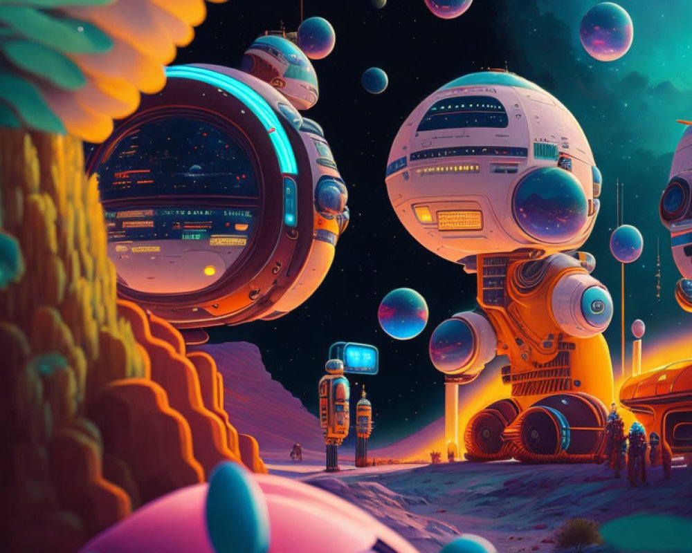 Futuristic sci-fi landscape with robot, astronauts, and alien planet