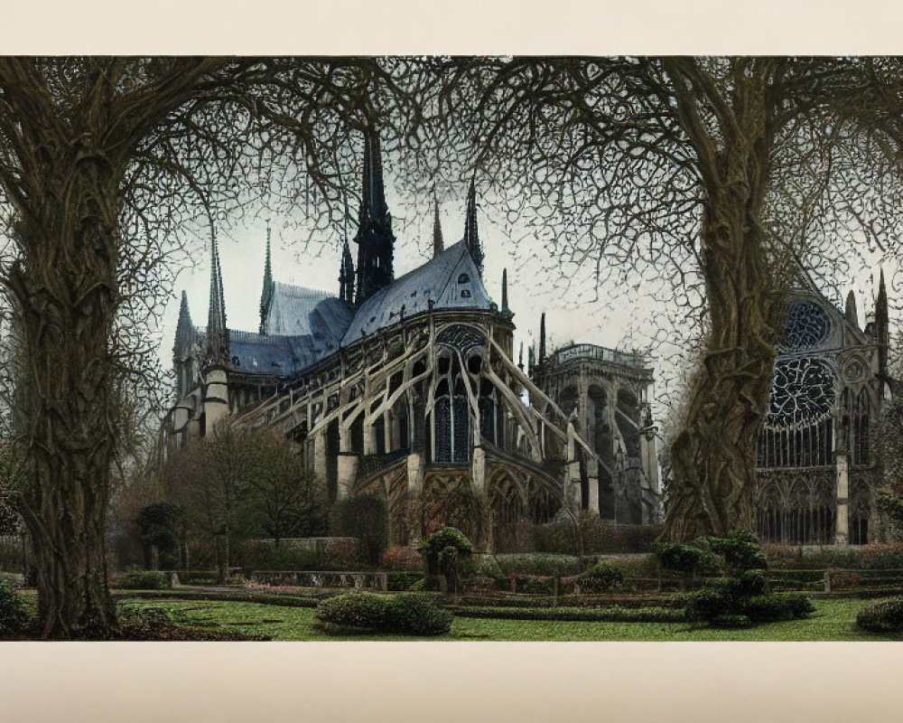 Gothic architecture of Notre-Dame Cathedral with leafless trees and garden