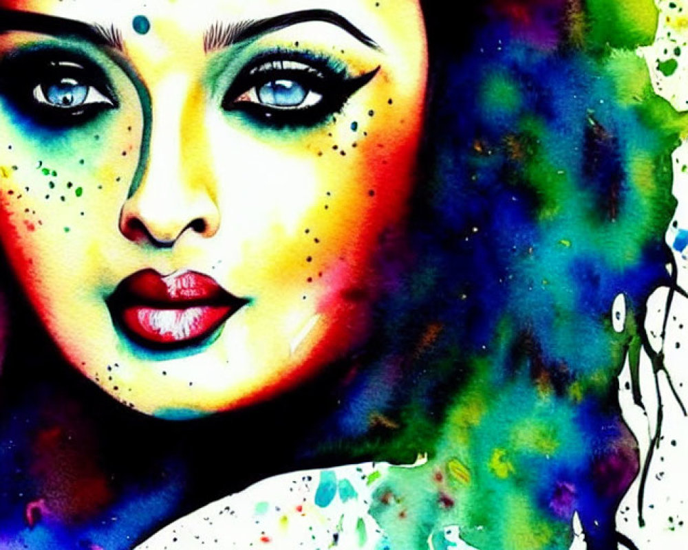 Vibrant watercolor portrait of a woman's face with detailed features