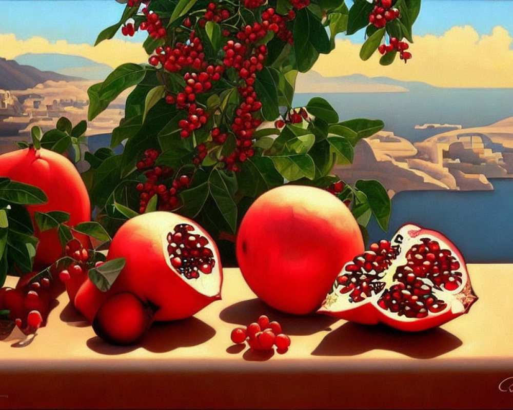 Still Life Painting of Ripe Pomegranates and Berries by Mediterranean Coast