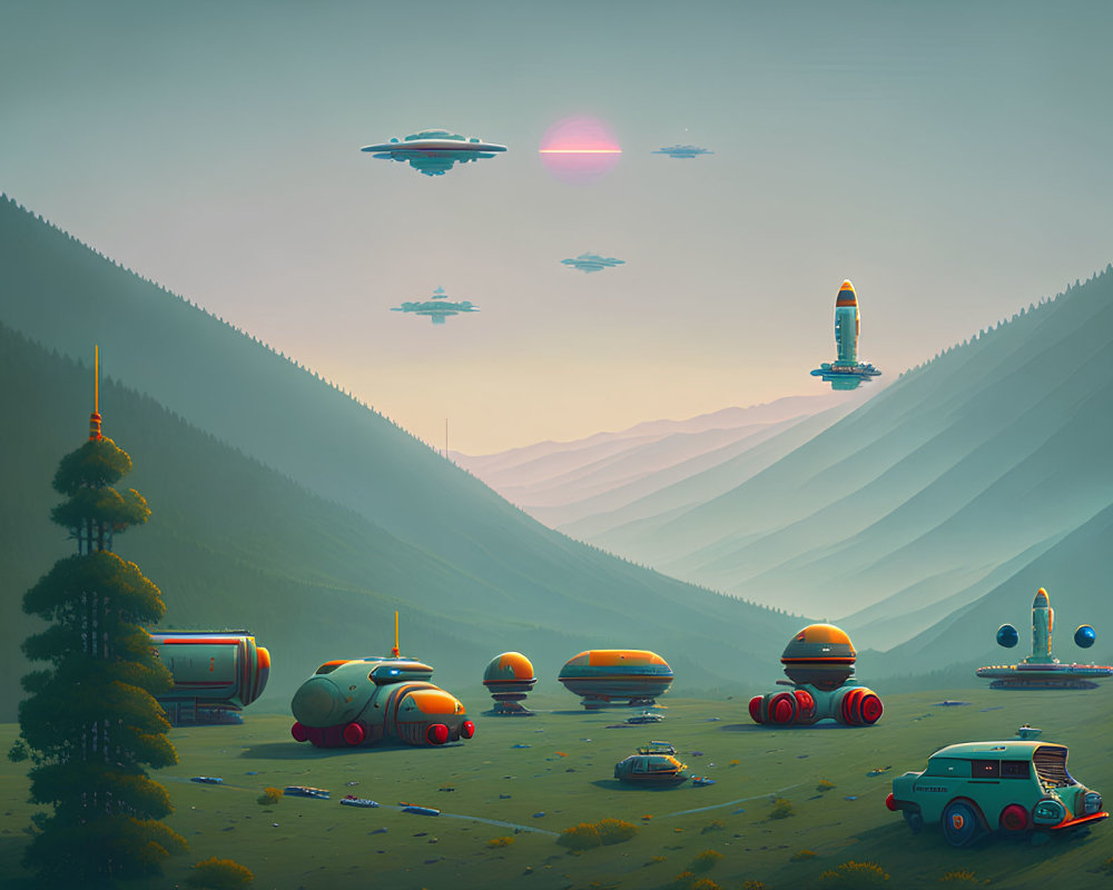 Futuristic landscape with flying saucers, rocket, and domes in forested mountains at