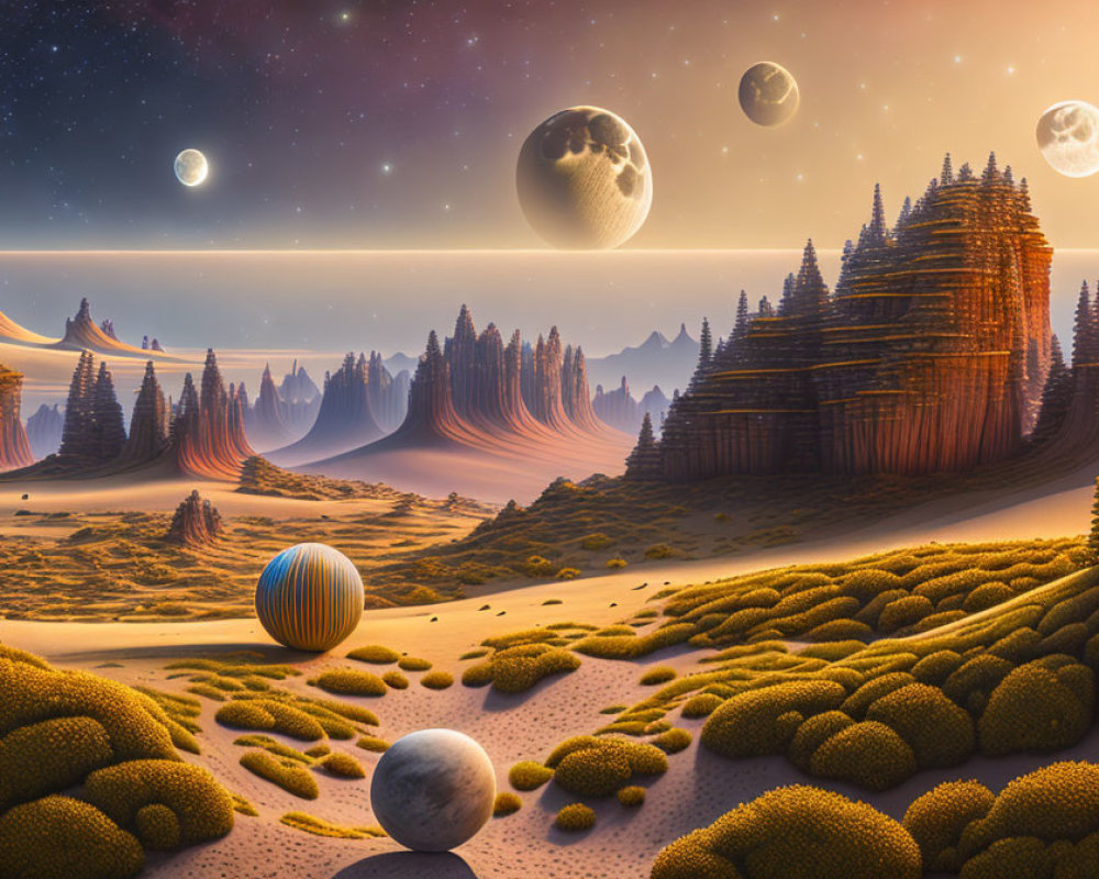 Surreal desert landscape with towering rock formations and multiple moons