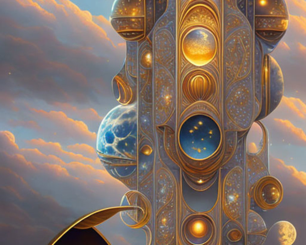 Ornate spaceship among clouds and planets under starry sky