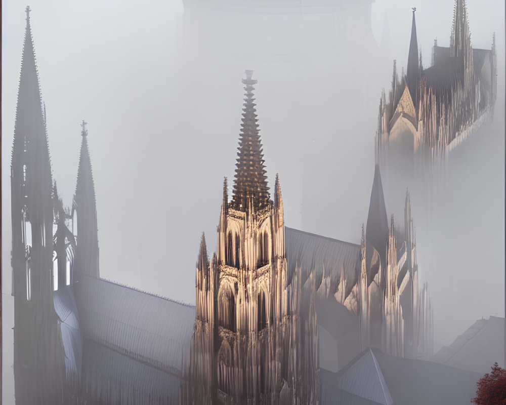 Misty backdrop with Gothic cathedral spires and sun rays in foggy scene