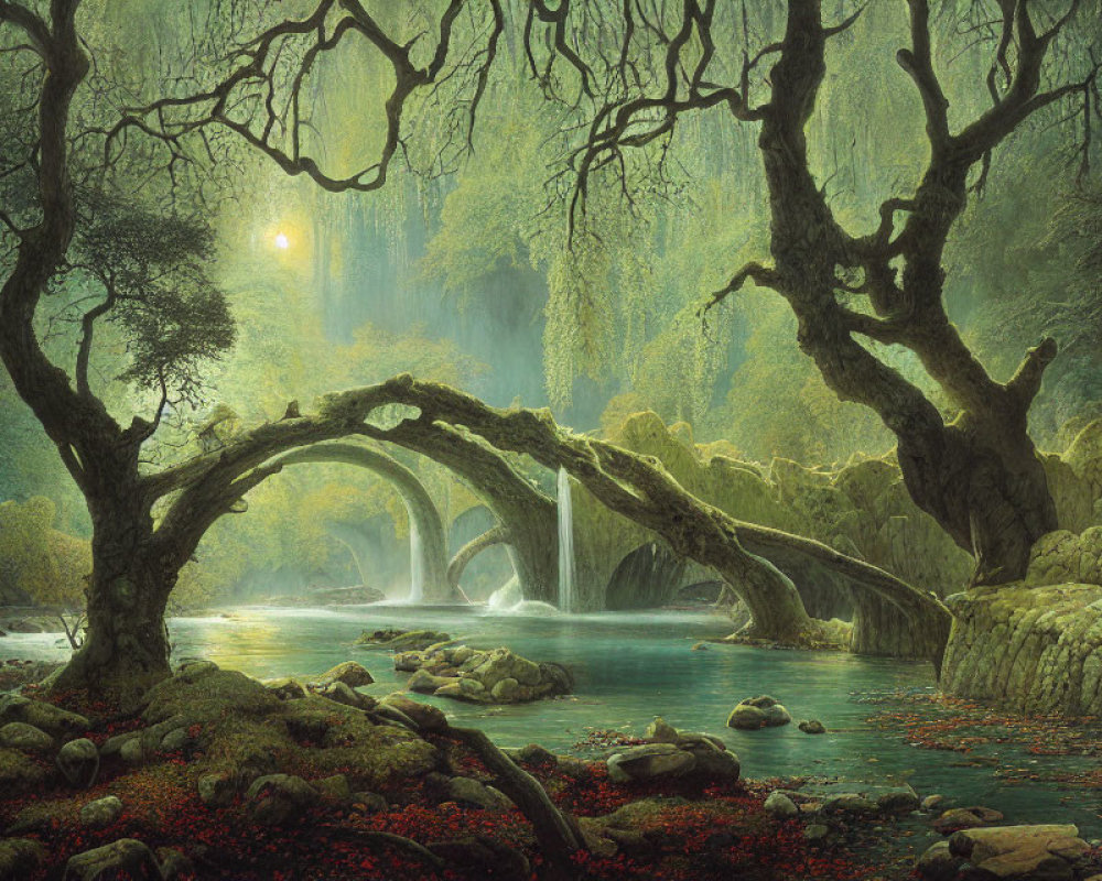 Tranquil forest scene with stone bridge, moss-covered trees, river, and waterfalls