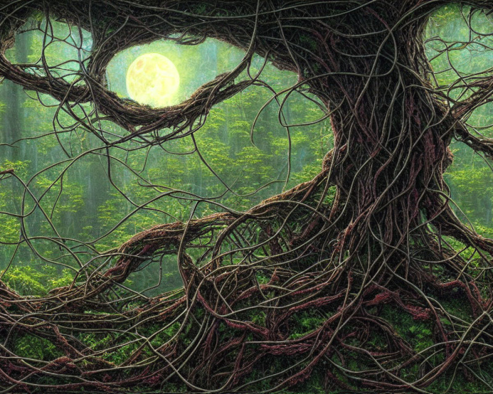 Twisting tree roots and branches in misty forest with glowing moon