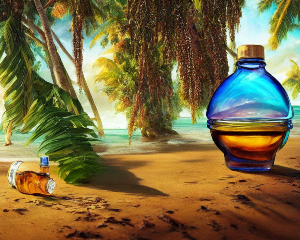 Colorful digital artwork of ornate bottles on tropical beach