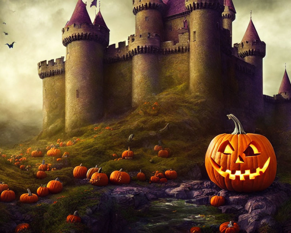 Mystical castle on hill with pumpkins and jack-o'-lantern