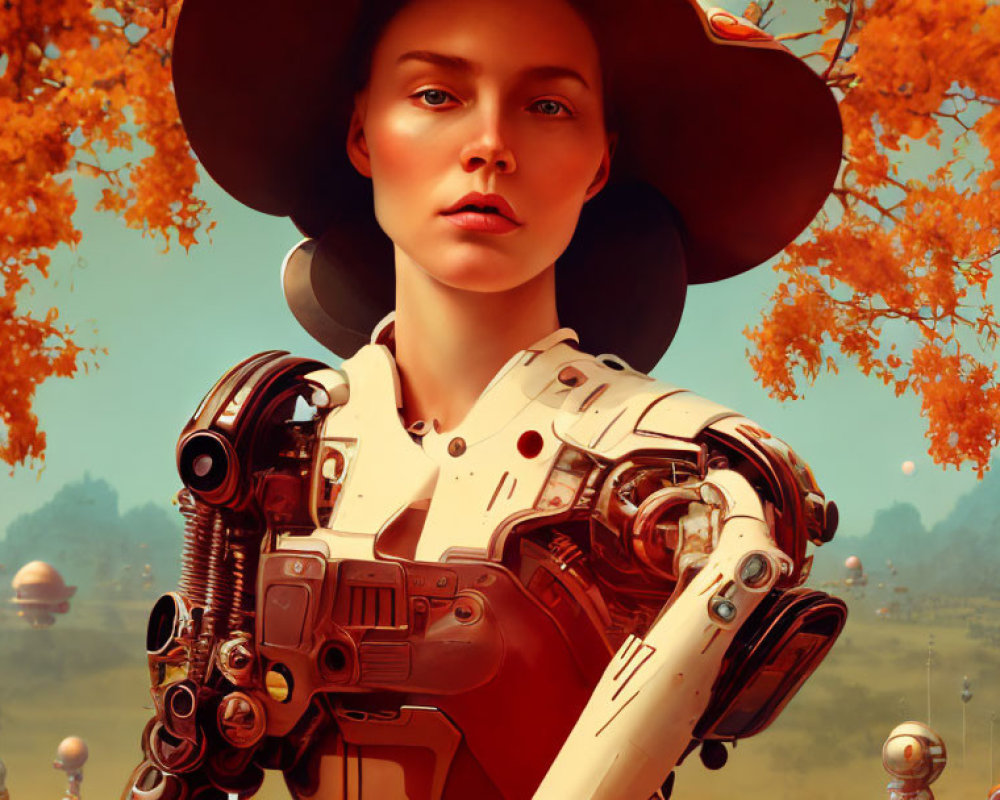 Female Android in Wide-Brimmed Hat Amid Autumnal Landscape