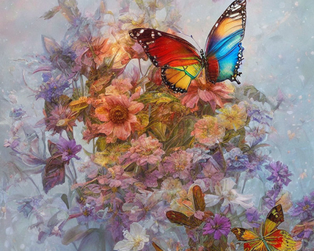 Colorful Butterfly on Soft-Hued Flower Bouquet and Dreamy Background