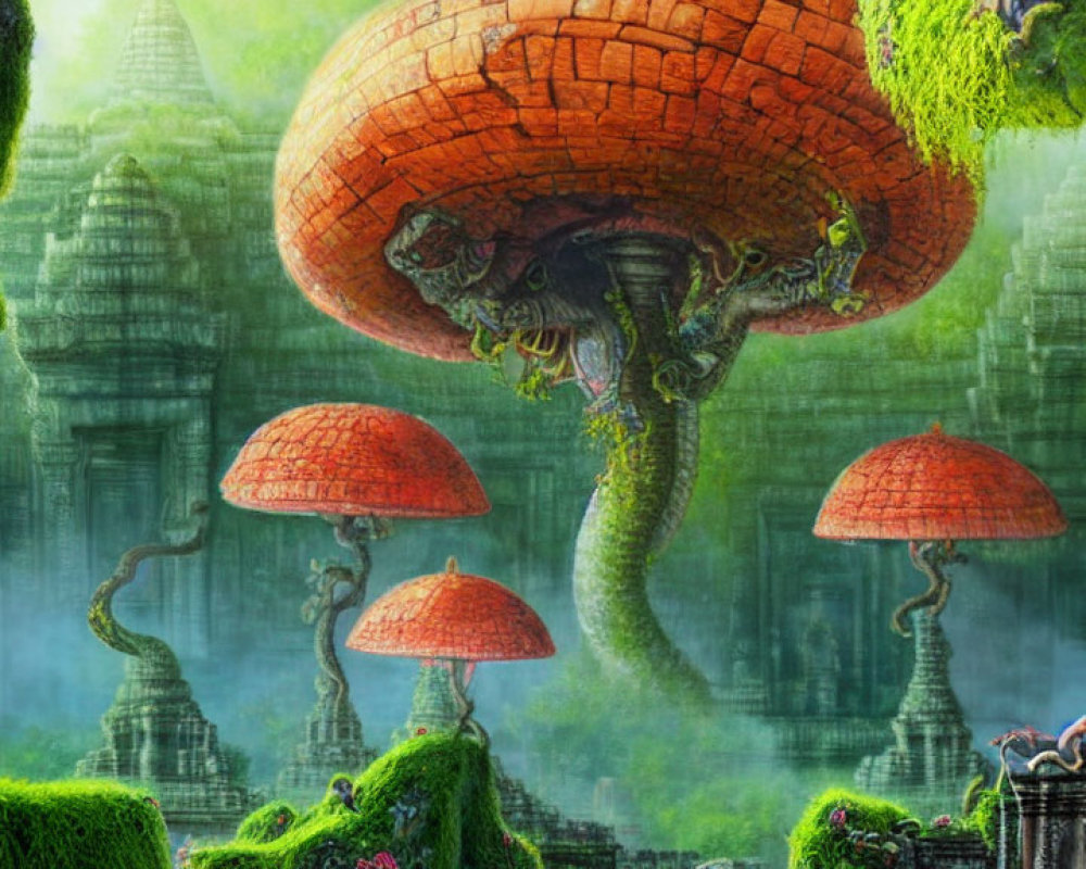 Fantastical landscape with oversized mushrooms, ancient ruins, lush greenery, mist, and creatures.