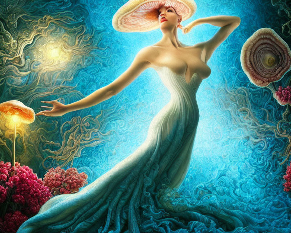 Ethereal woman in white gown with mushroom hat in undersea scene