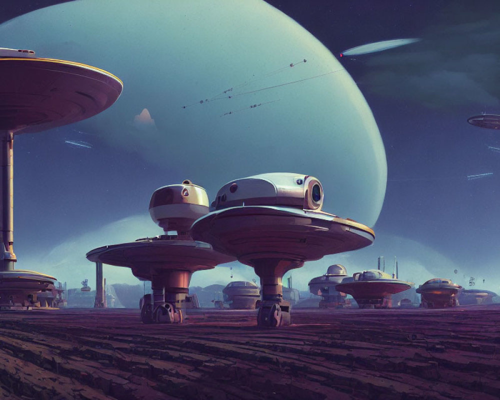 Futuristic cityscape with disc-shaped buildings under a large planet, advanced vehicles, and spacecraft in