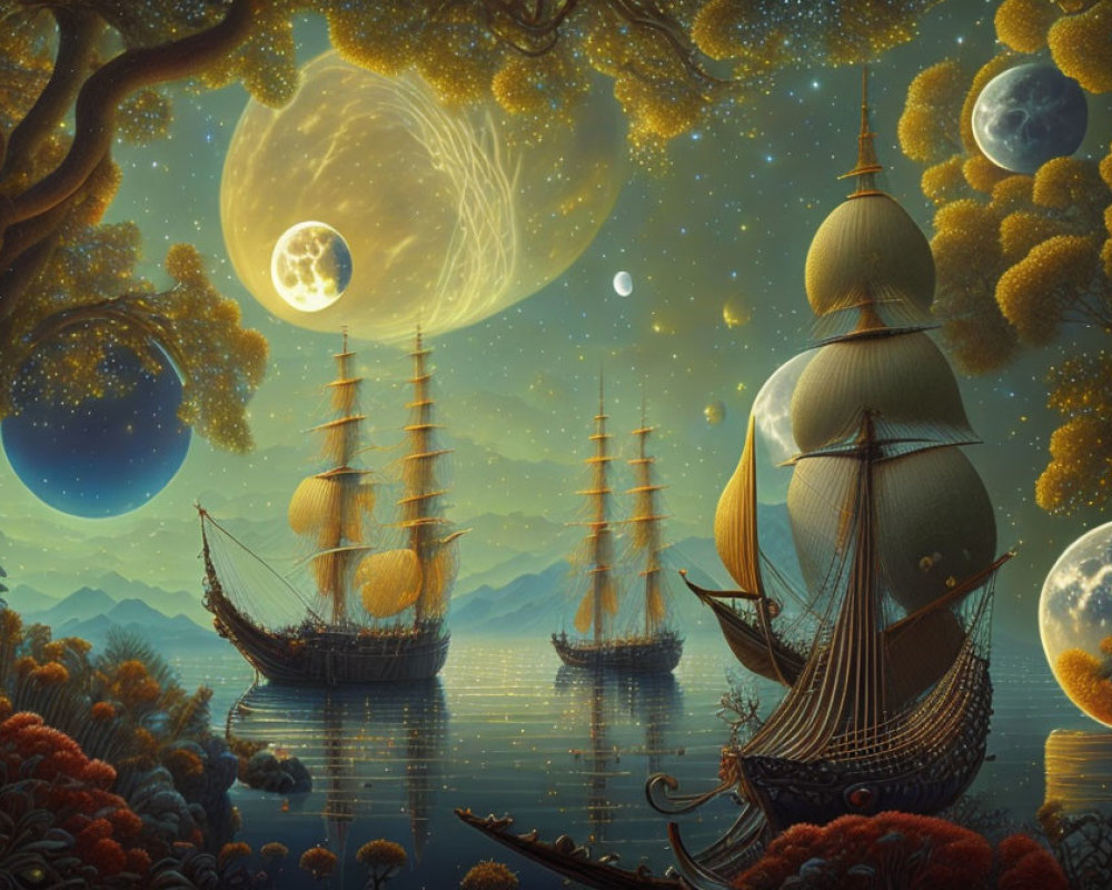 Fantasy landscape with sailing ships, multiple moons, planets, and glowing yellow trees