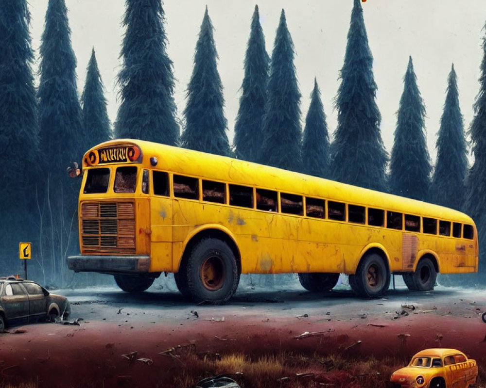 Abandoned yellow school bus on desolate road with misty pine trees