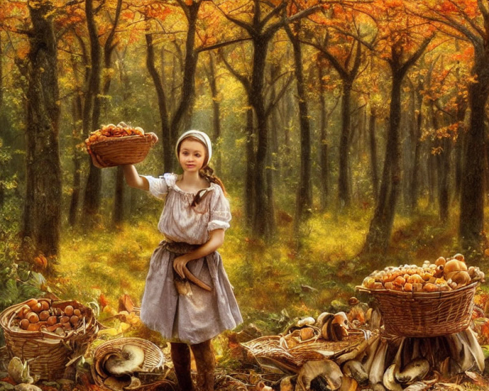 Girl in Vintage Clothes Holding Basket of Mushrooms in Vibrant Autumn Forest