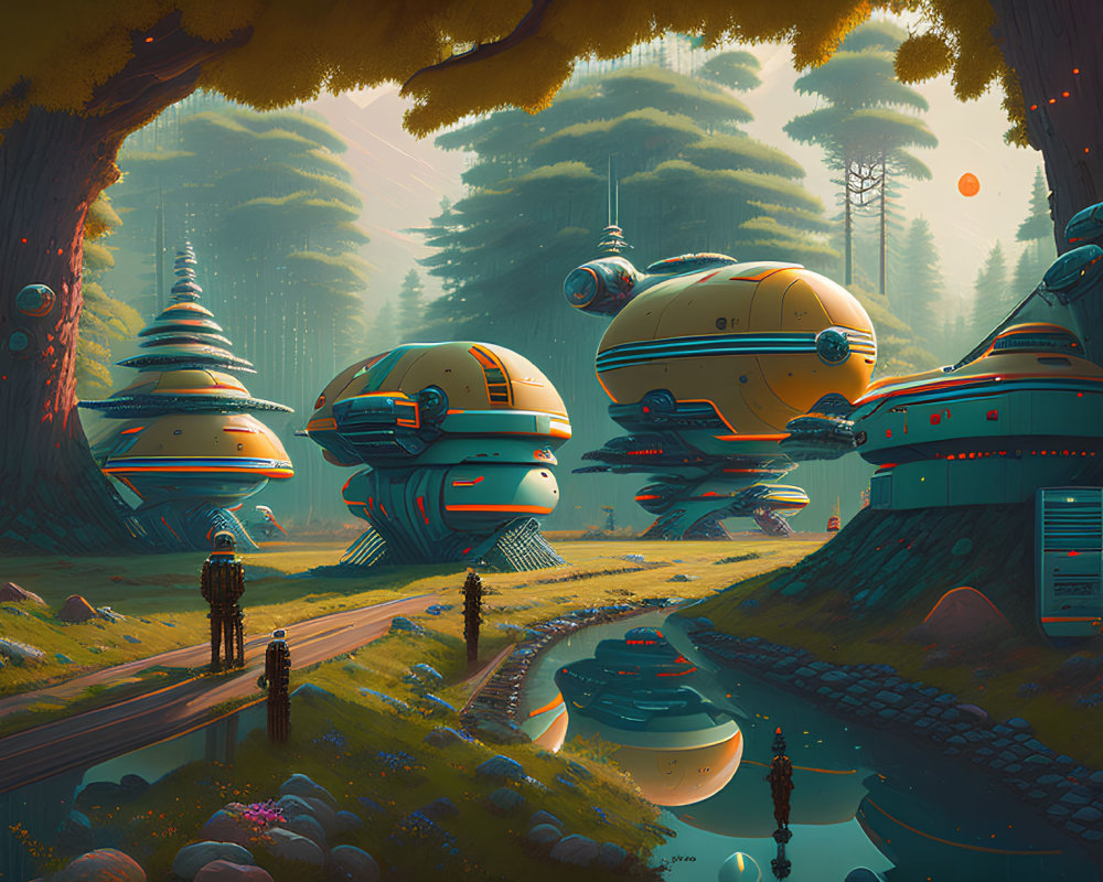 Futuristic alien landscape with spherical buildings, lake, and lone figure