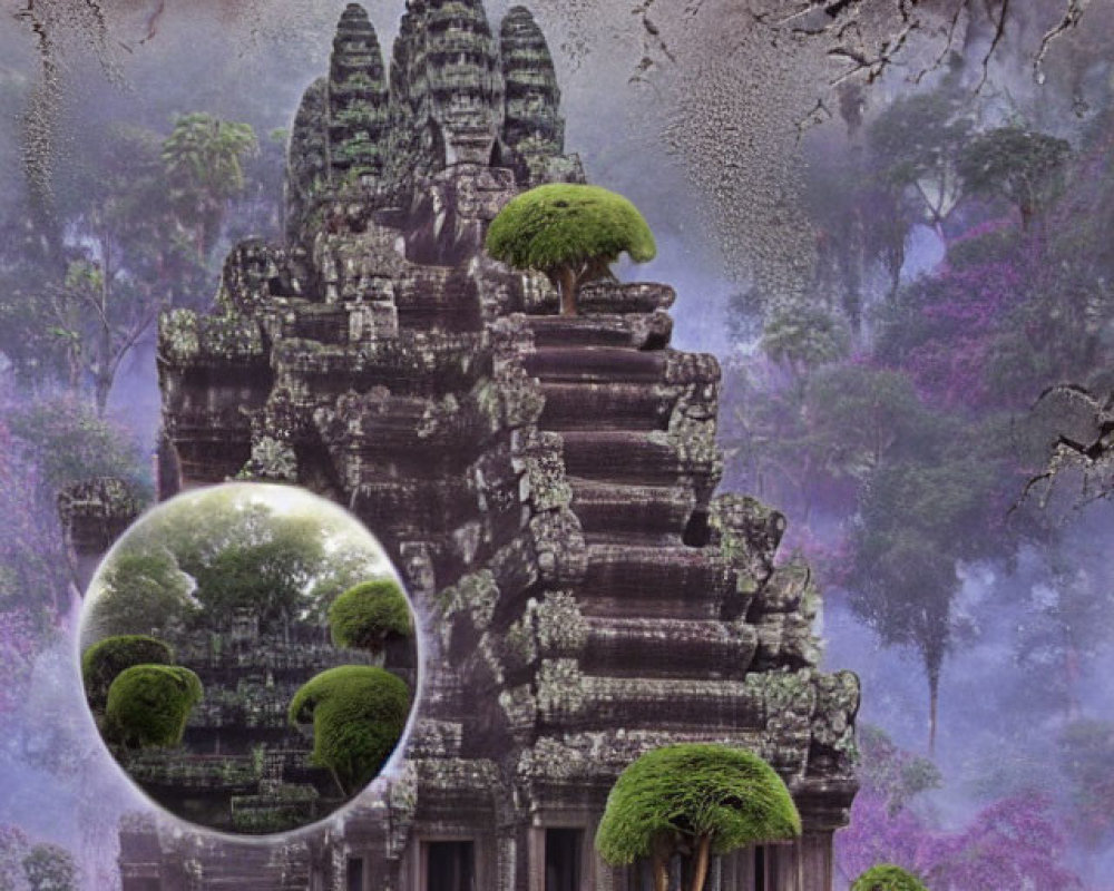 Ancient temple with floating crystal balls in mystical forest