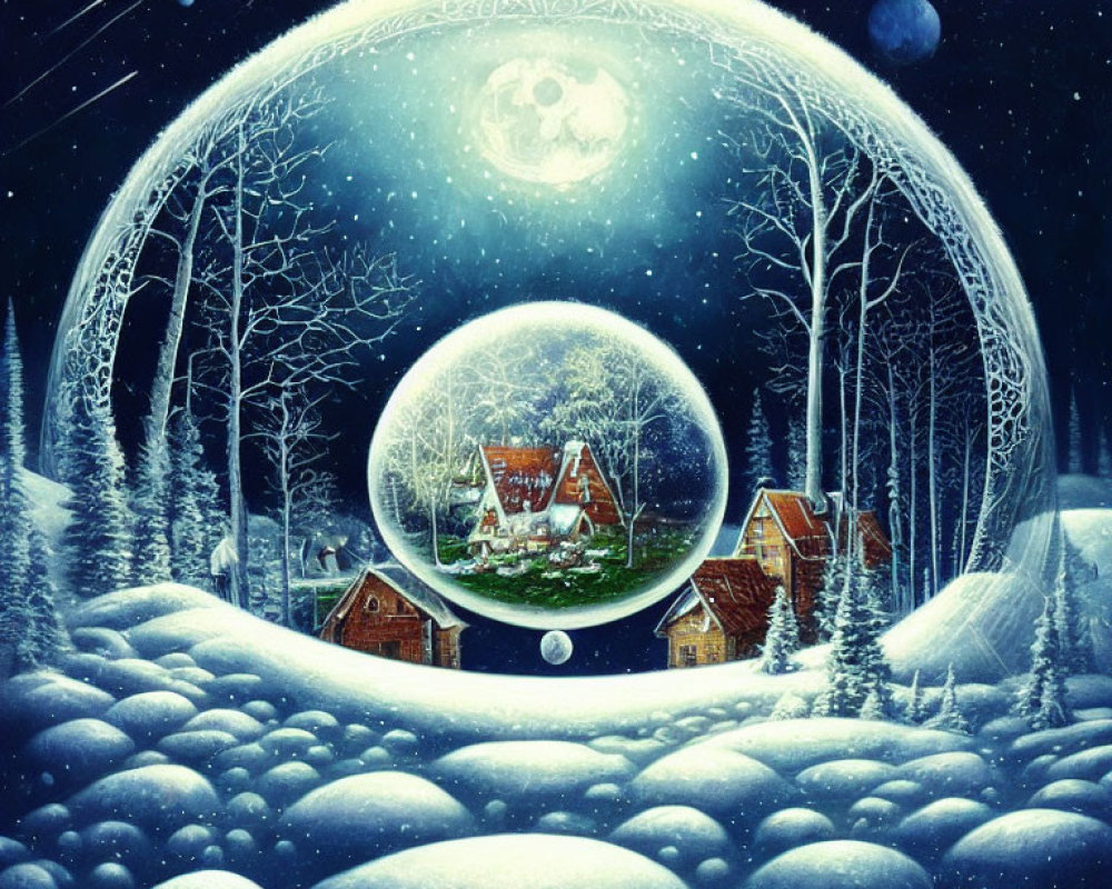 Snowy Winter Night Scene with Cozy Houses in Transparent Spheres