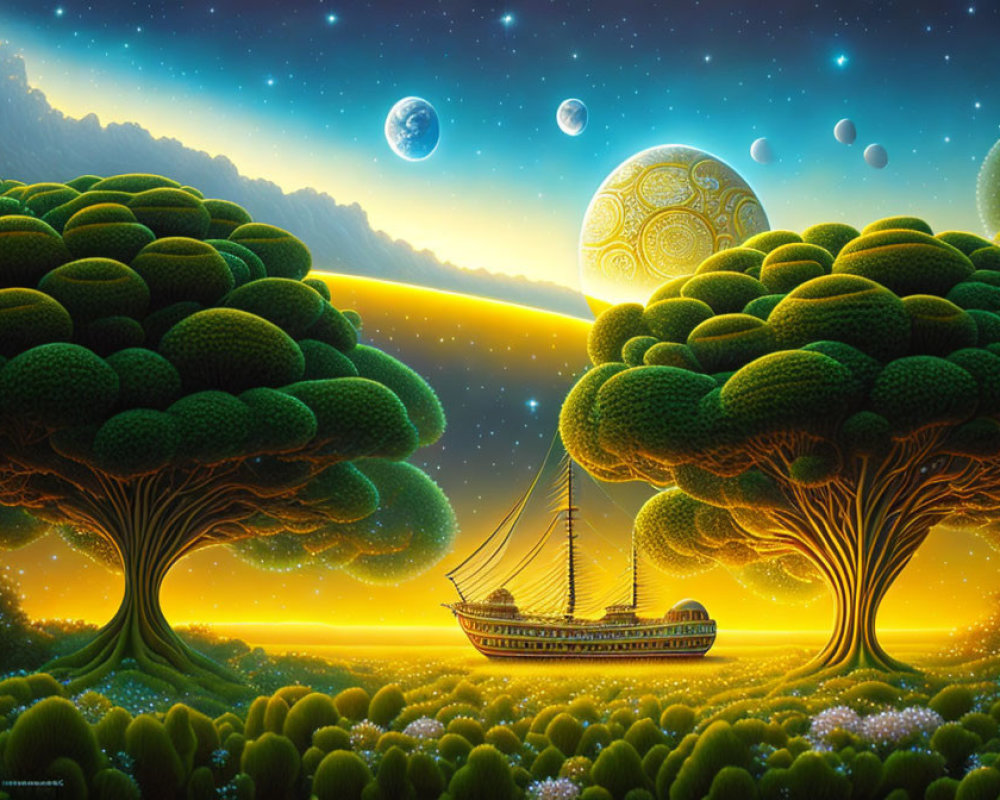 Vibrant green trees, ship, celestial bodies in fantastical night sky