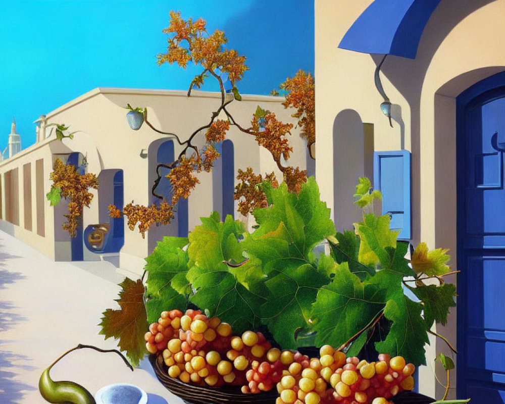 Colorful Mediterranean Street Scene with White Buildings and Grapes Basket