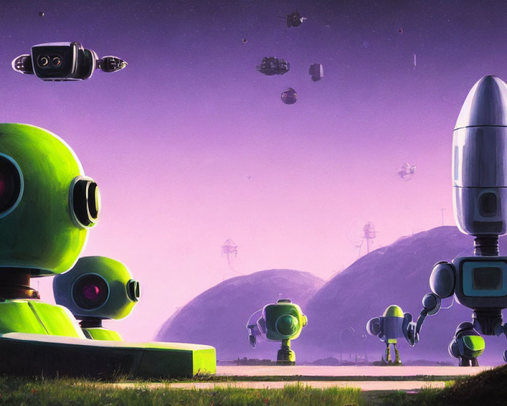 Stylized robots in lush landscape under purple sky