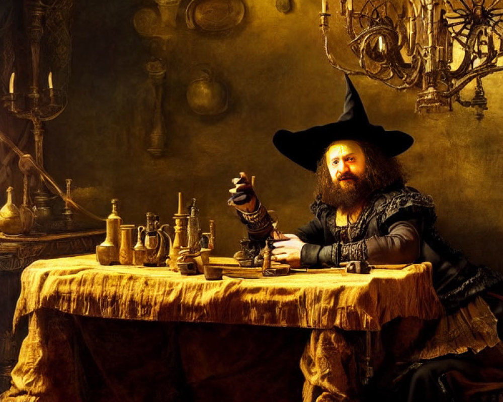 Wizard with Beard and Hat at Table with Candles and Bottles