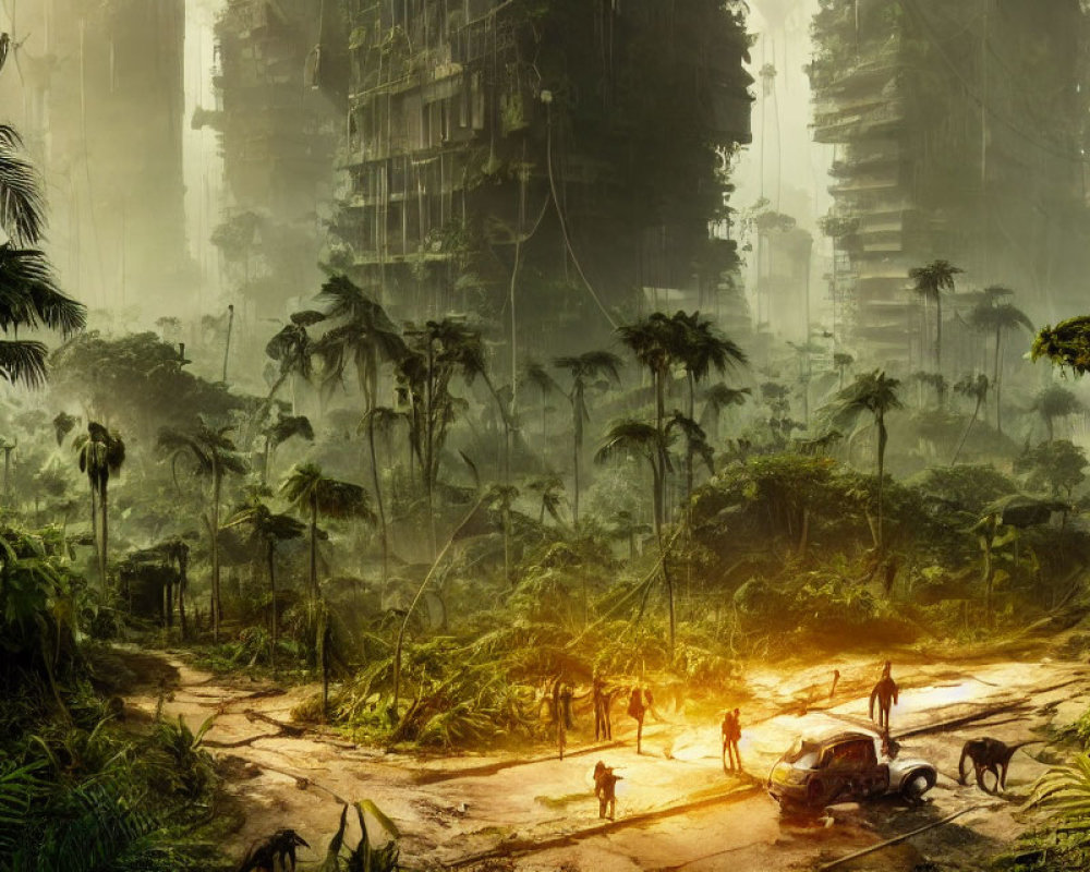 Post-apocalyptic scene with overgrown ruins, lush jungle, scattered vehicles, and explorers under sun