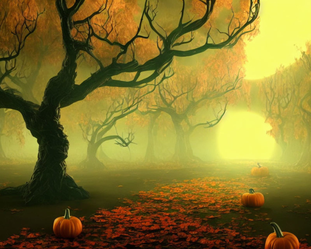 Spooky autumn forest with twisted trees, misty backdrop, orange leaves, and pumpkins