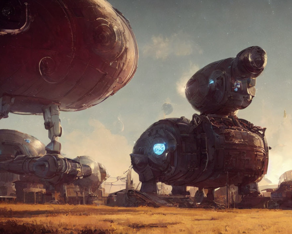 Futuristic landscape with towering robots in industrial ruins