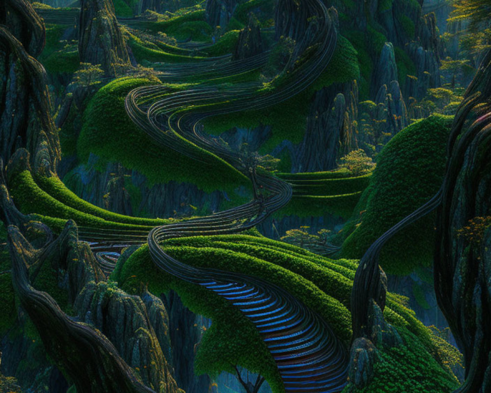 Enchanted forest with illuminated pathway through towering trees