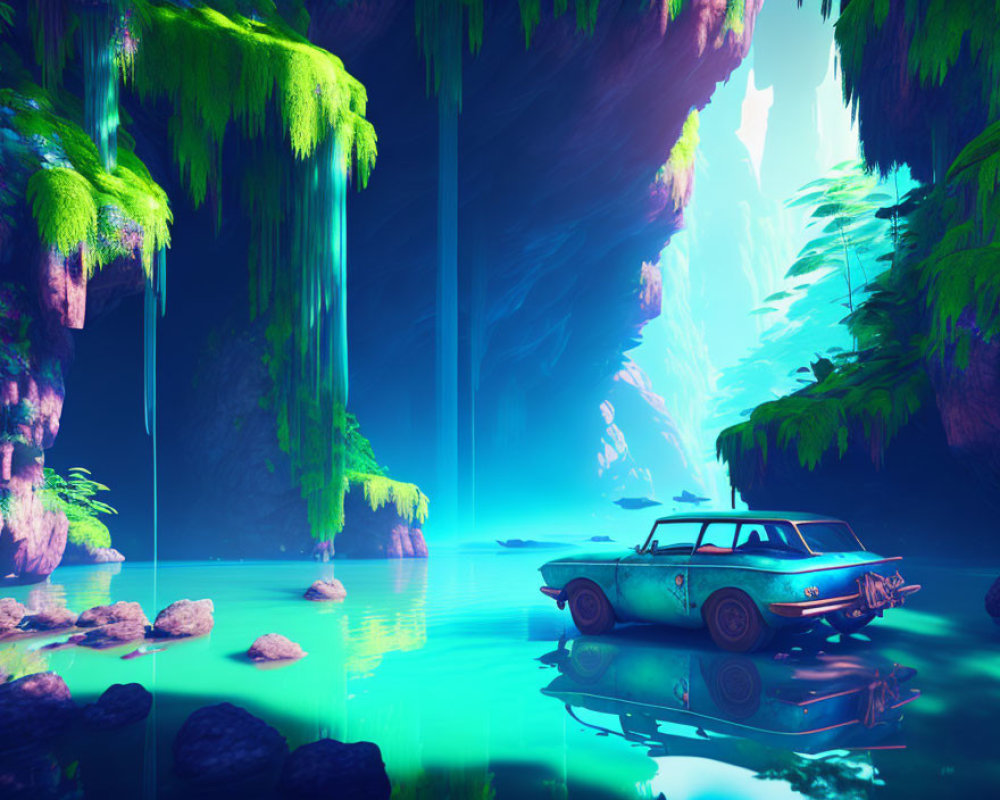 Abandoned classic car in vibrant alien cave with lush greenery and ethereal lighting.