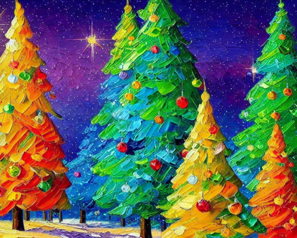 Colorful Christmas Trees Painting Under Starry Night Sky