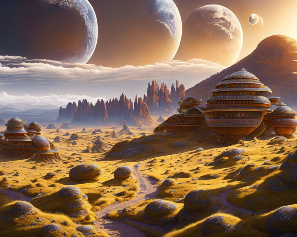 Alien structures and multiple moons in dramatic sci-fi landscape