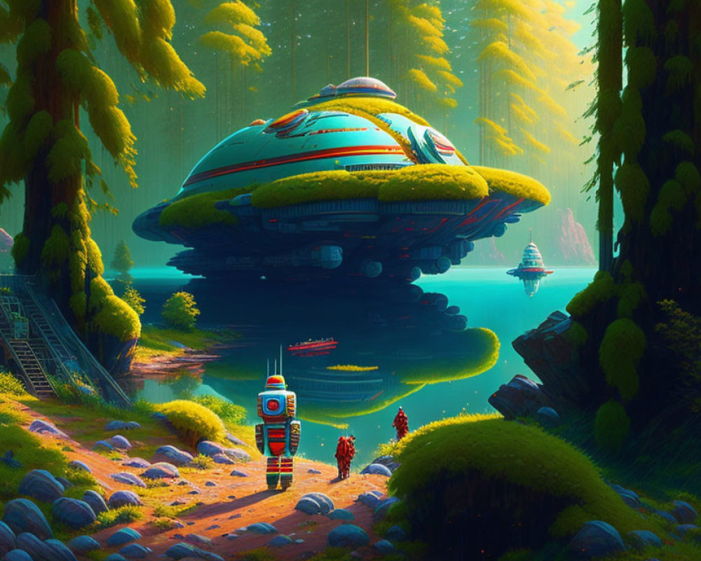 Sci-fi forest scene with spacecraft, astronaut, and explorers among giant trees