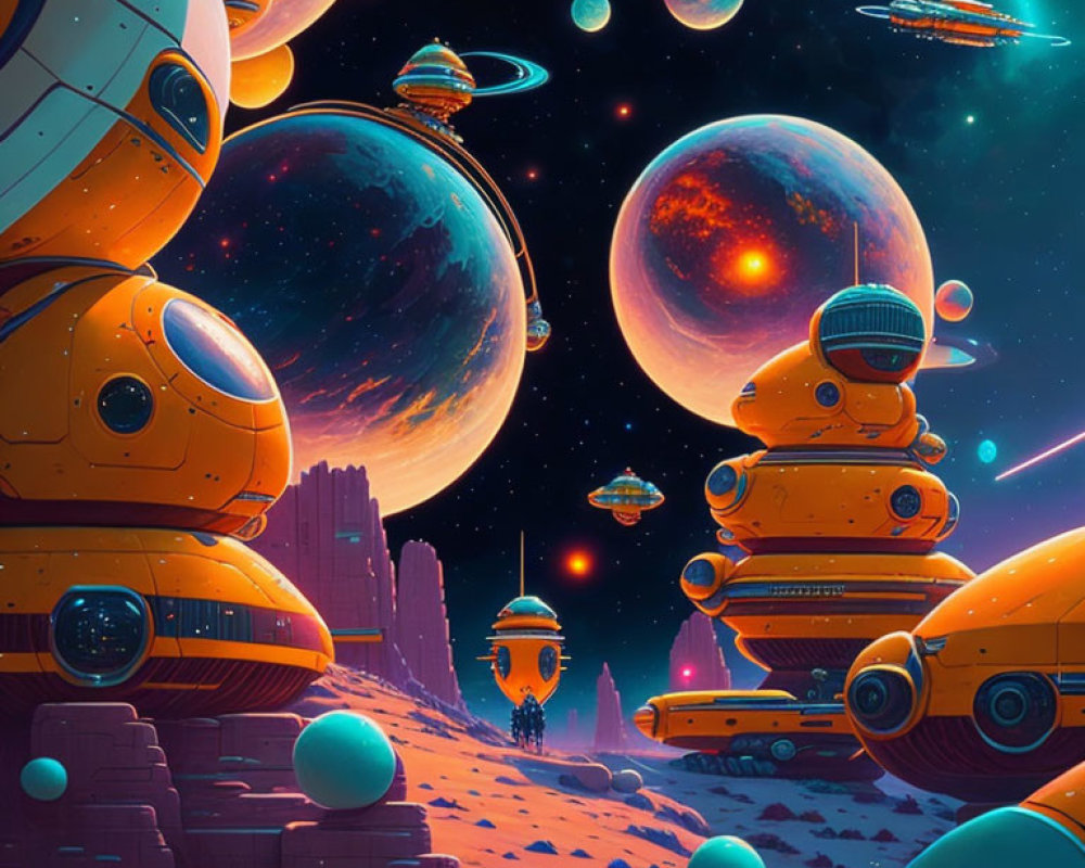 Colorful Sci-Fi Landscape with Retro-Futuristic Robots and Spaceships