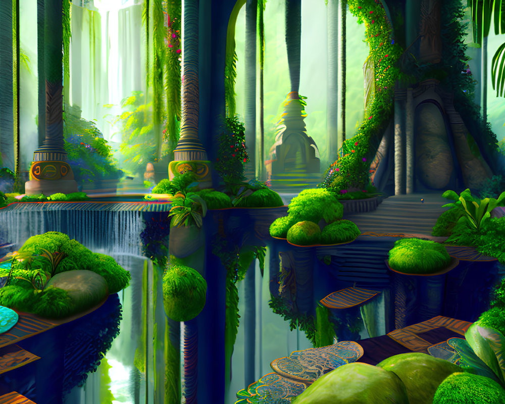 Majestic mythical forest with towering trees and reflective water