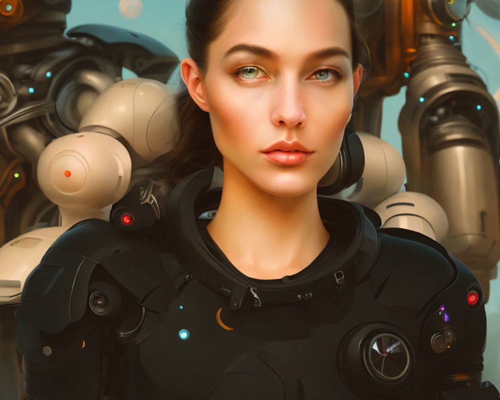 Fair-skinned woman in futuristic black suit with blue eyes, accompanied by two robots.