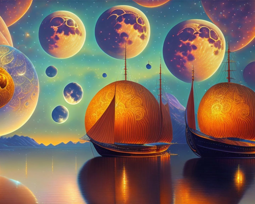 Vivid Fantasy Landscape with Ornate Ships and Multiple Moons