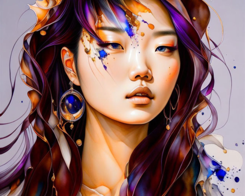 Illustration of woman with purple hair and paint splatter effects, wearing ornate earring.