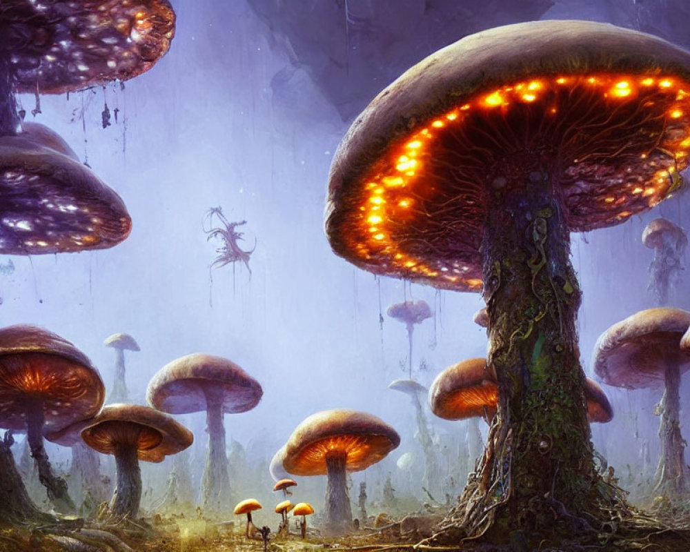 Enchanting twilight forest with glowing mushrooms and drifting mist