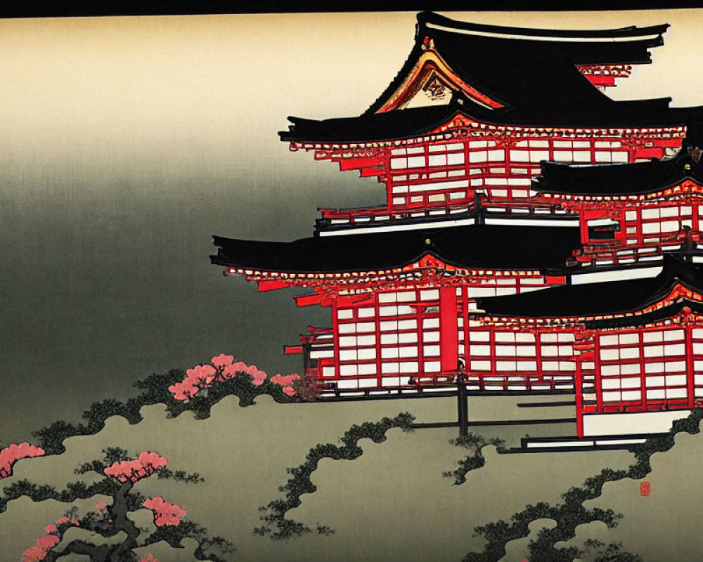 Japanese Woodblock Print: Red & Black Pagoda with Cherry Blossoms