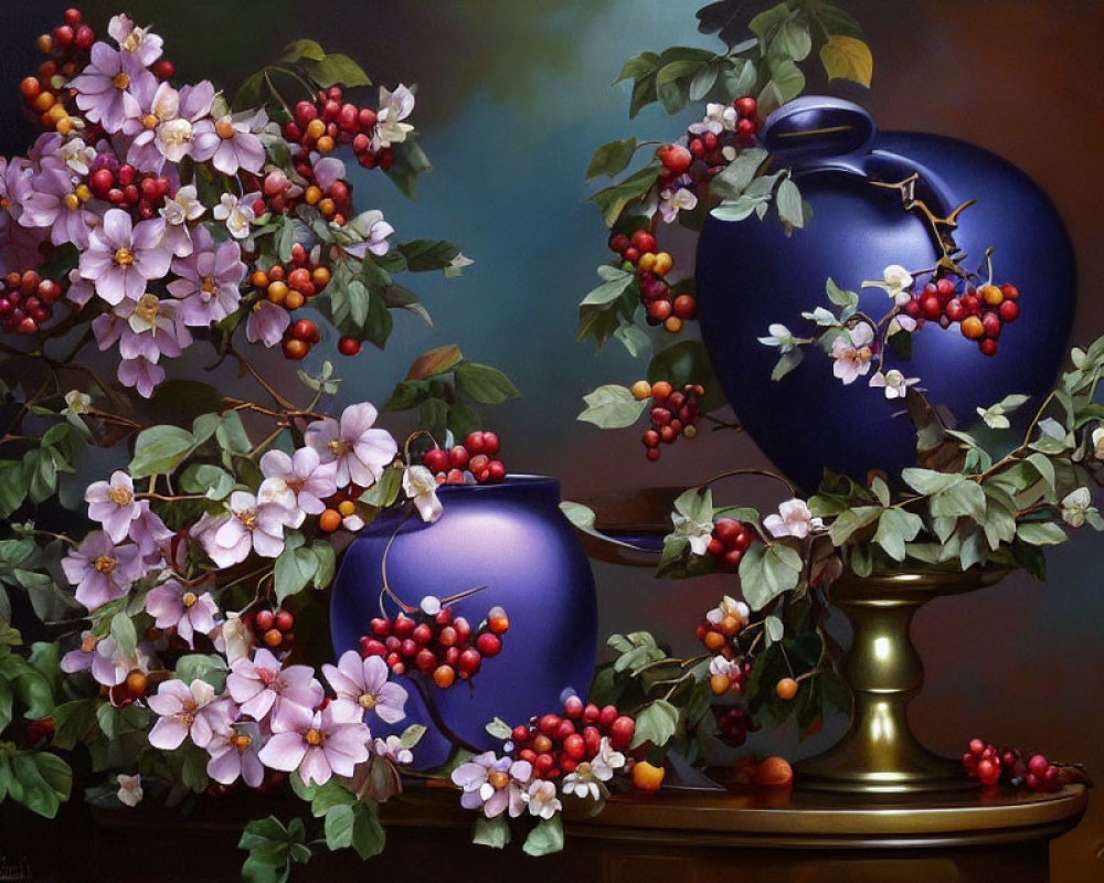 Vibrant pink flowers and red berries in still life painting with blue vases